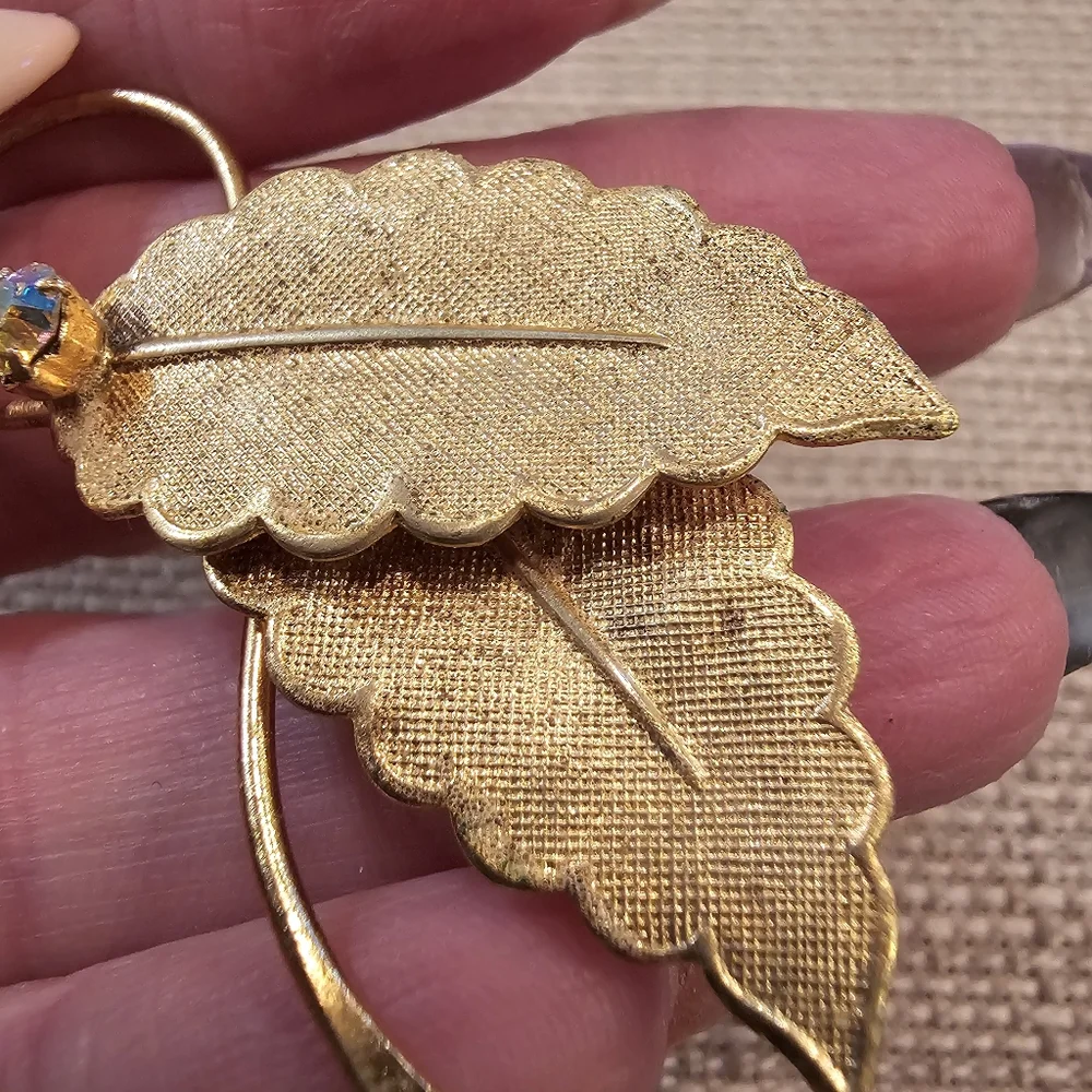 Vintage West Germany Mid Century goldtone leaf brooch w/ Aurora Borealis Stones